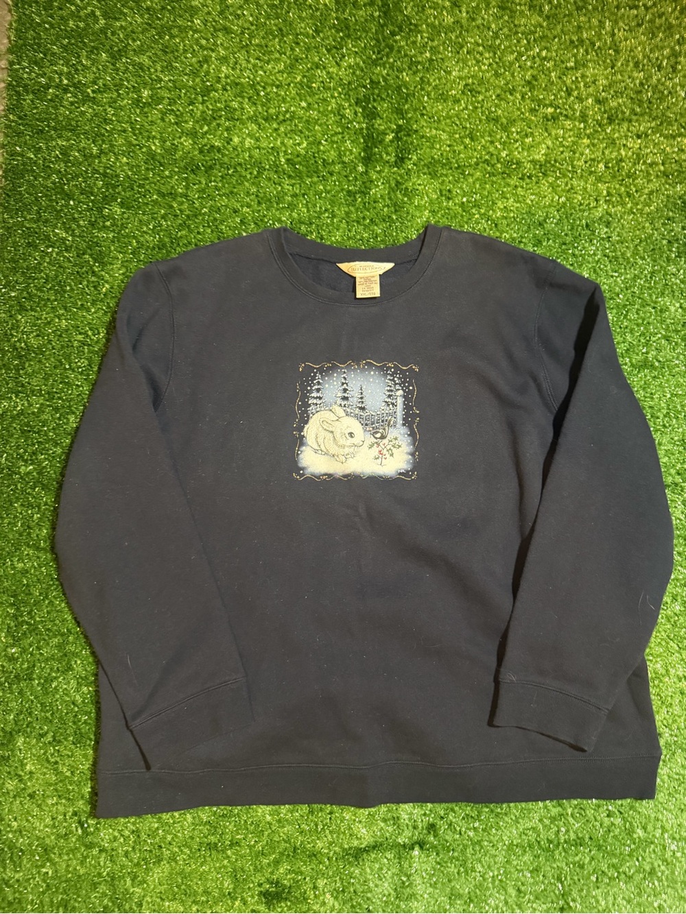 Women’s Navy Crewneck Sweater with Winter Rabbit Graphic
